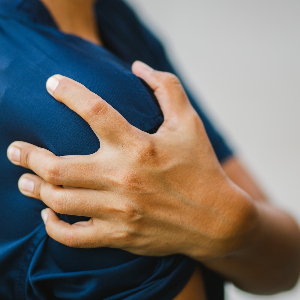 young woman with pain in shoulder, Ache in human body , office syndrome , health care concept